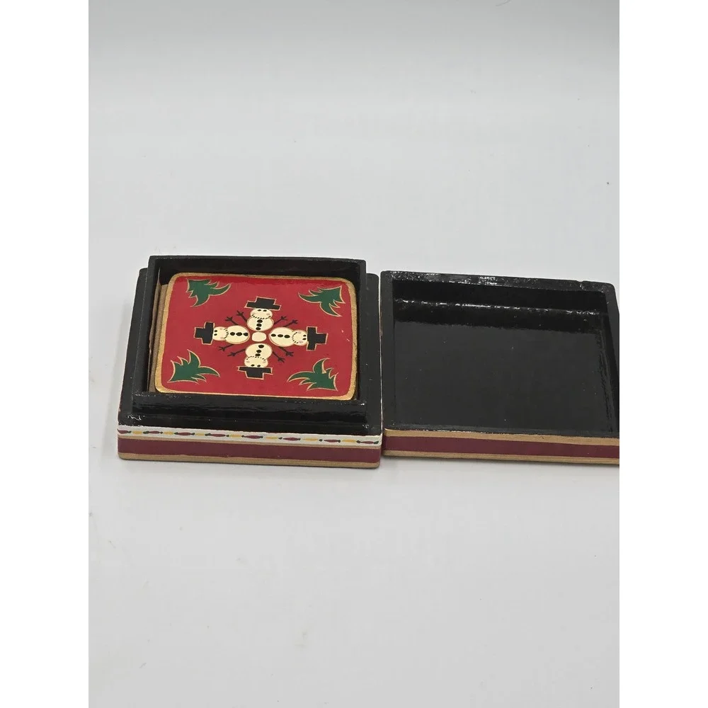 Vintage Foreside Hand-Painted Lacquer Wood Christmas Coaster Set of 6 with Box